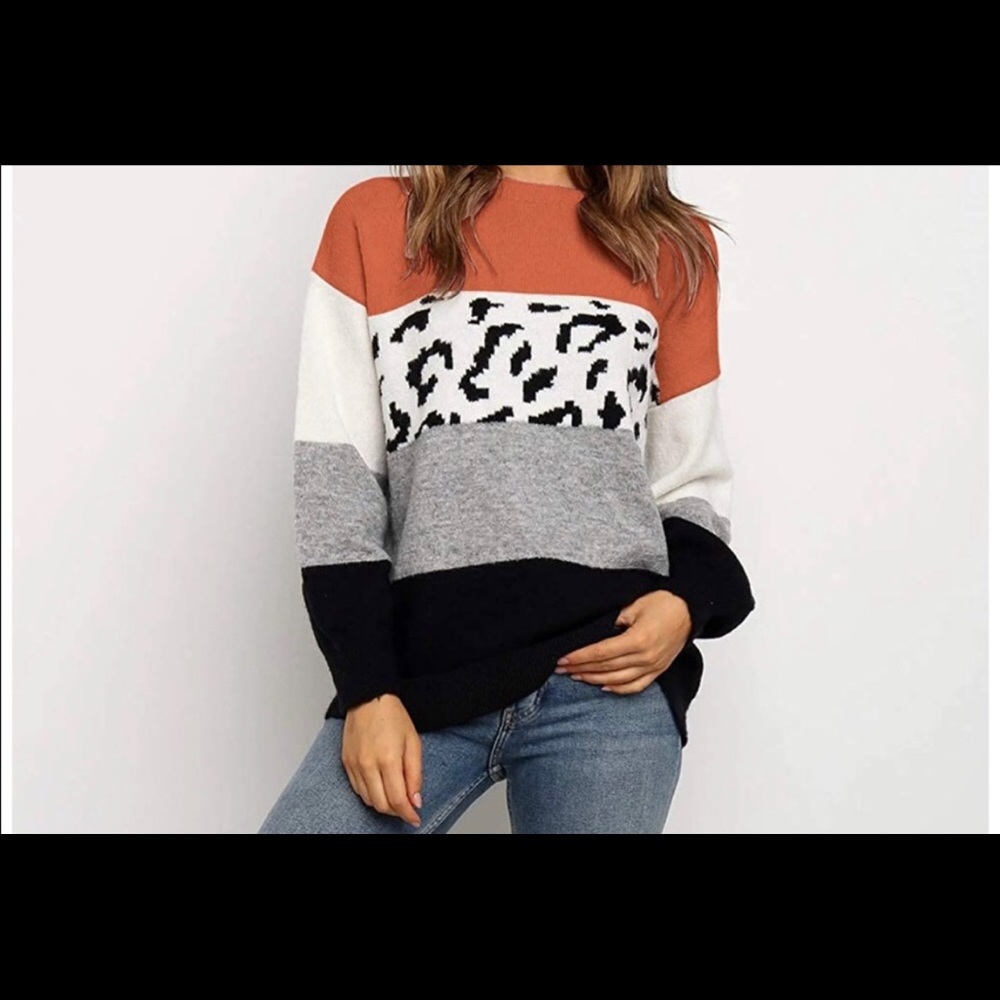 Striped Animal Print Sweater, Gray, Black, White, Orange, Size Large